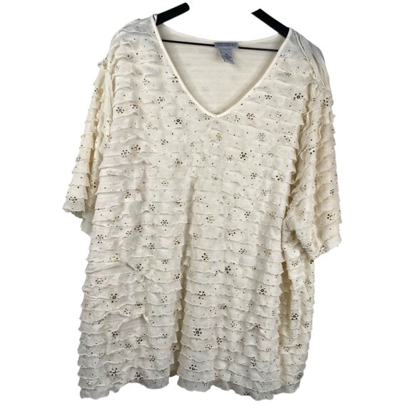 Maggie Barnes Catherines Top Short Sleeve Pullover Layer Ruffles Sequin Ivory 3X - Picture 1 of 8